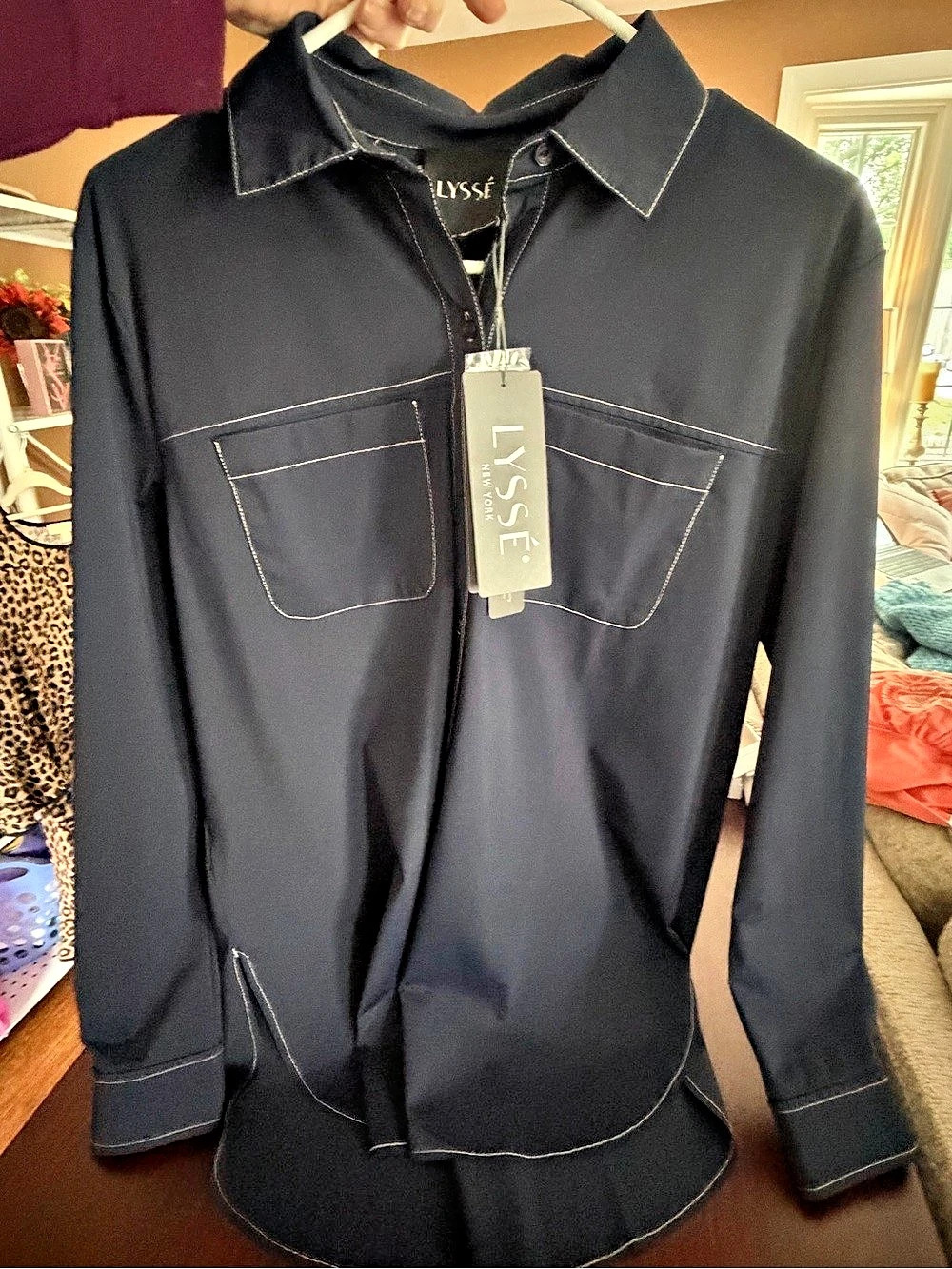 LYSSE Button Down Stretchy Shirt in Blue Size XS NWT